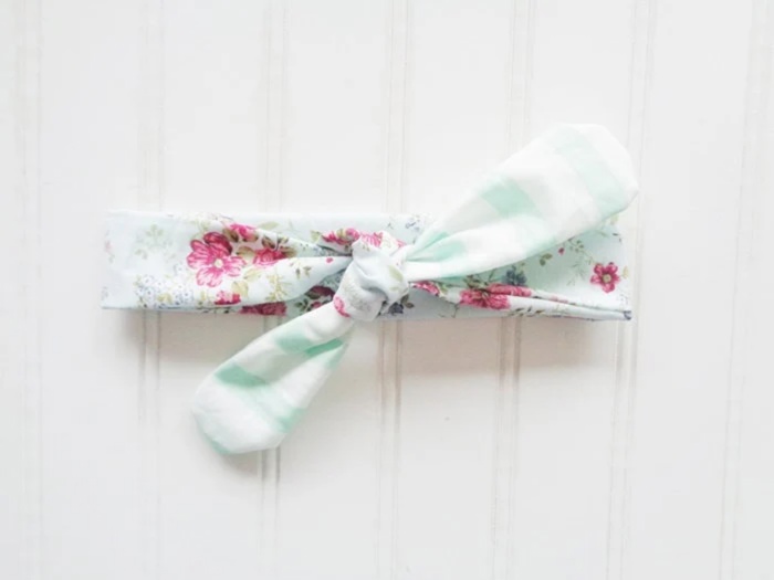 Sarah Knotted Headband - Floral on Blue with Mint Stripes
