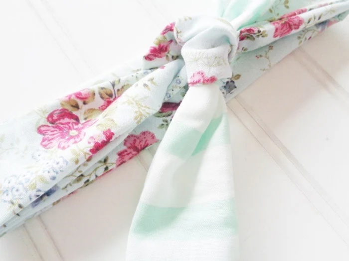 Sarah Knotted Headband - Floral on Blue with Mint Stripes