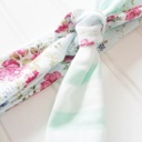  Sarah Knotted Headband - Floral on Blue with Mint Stripes