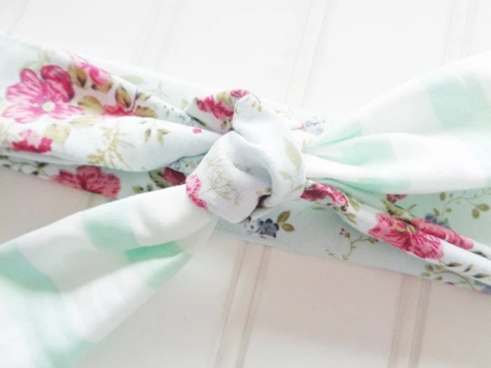 Sarah Knotted Headband - Floral on Blue with Mint Stripes