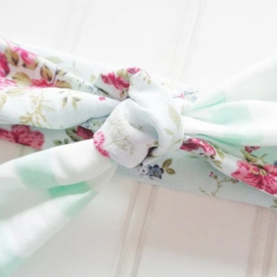 Sarah Knotted Headband - Floral on Blue with Mint Stripes