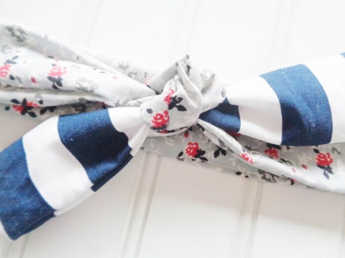 Sarah Knotted Headband - Floral on Gray with Navy Stripes