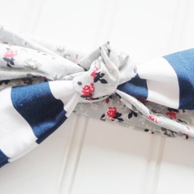 Sarah Knotted Headband - Floral on Gray with Navy Stripes