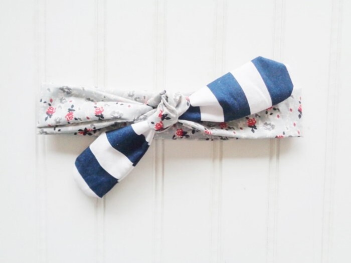 Sarah Knotted Headband - Floral on Gray with Navy Stripes