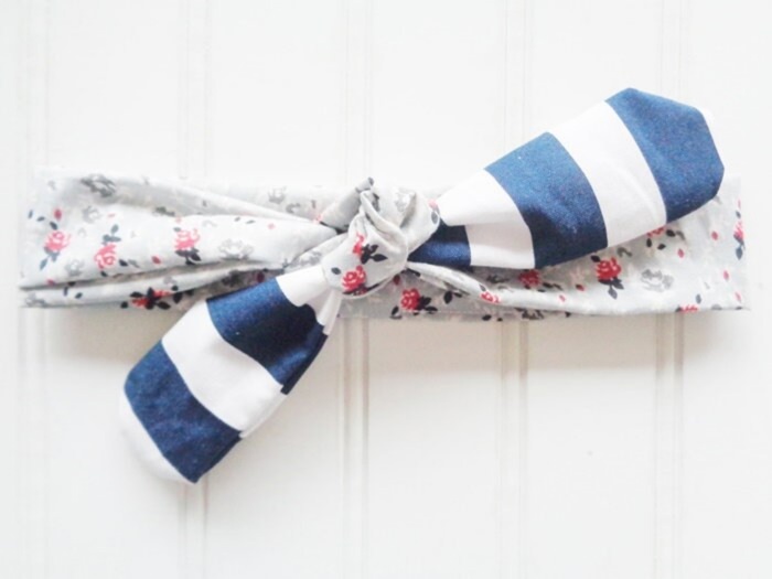 Sarah Knotted Headband - Floral on Gray with Navy Stripes