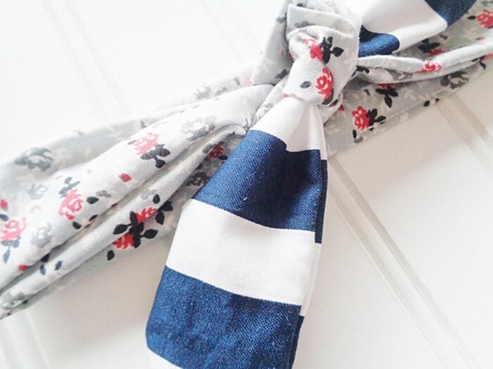 Sarah Knotted Headband - Floral on Gray with Navy Stripes