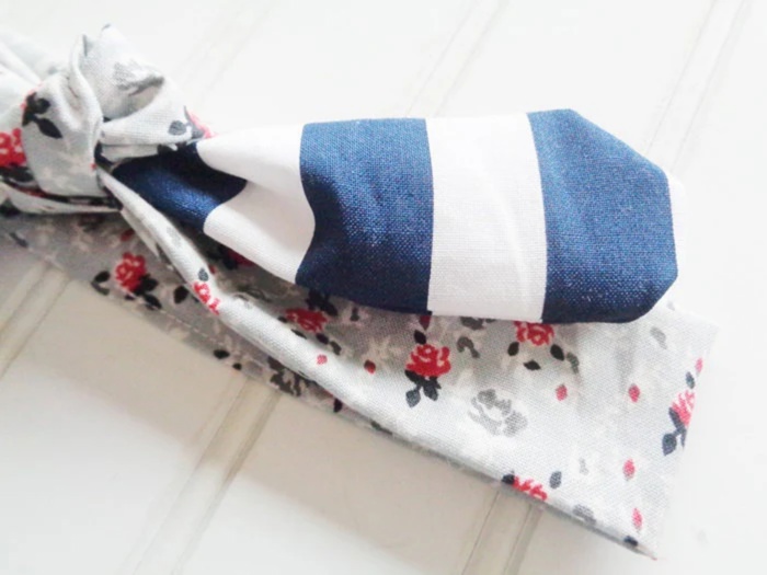 Sarah Knotted Headband - Floral on Gray with Navy Stripes