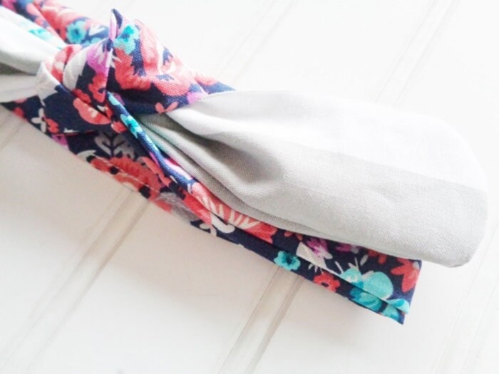 Sarah Knotted Headband - Floral on Navy with Gray Stripes