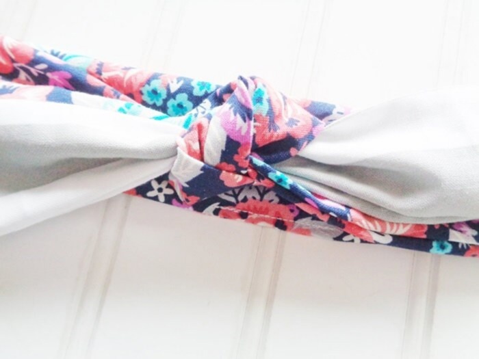 Sarah Knotted Headband - Floral on Navy with Gray Stripes