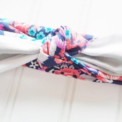 Sarah Knotted Headband - Floral on Navy with Gray Stripes