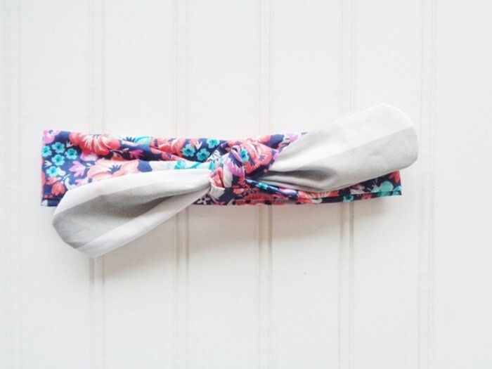 Sarah Knotted Headband - Floral on Navy with Gray Stripes