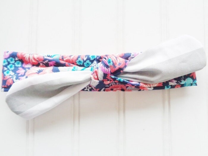 Sarah Knotted Headband - Floral on Navy with Gray Stripes