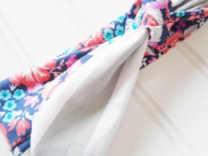 Sarah Knotted Headband - Floral on Navy with Gray Stripes