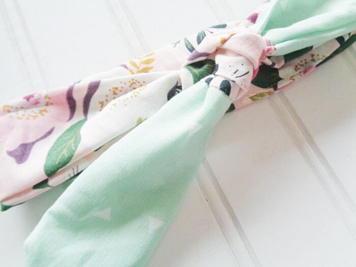 Knotted Headband - Floral on Pink with Triangles on Mint