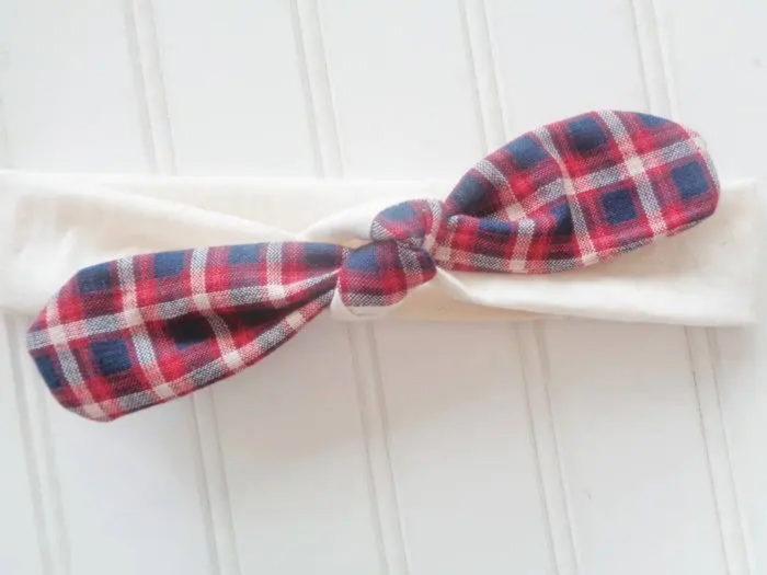 Knotted Headband - Navy and Red Plaid with Muslin