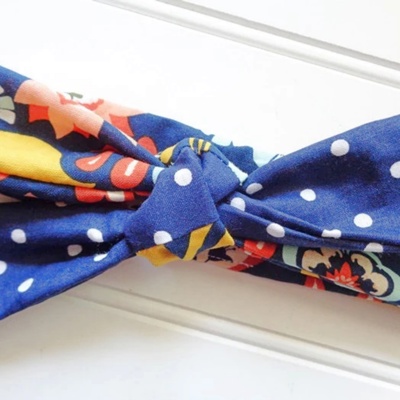 Sarah Knotted Headband - Floral on Navy and White Dots