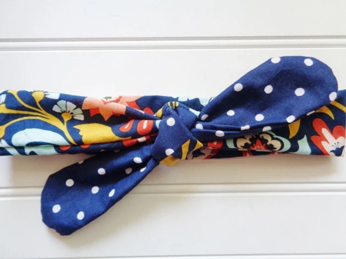 Sarah Knotted Headband - Floral on Navy and White Dots