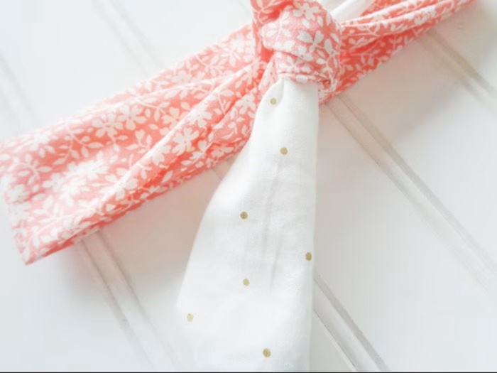 Sarah Knotted Headband - White Floral on Coral with Gold Dots