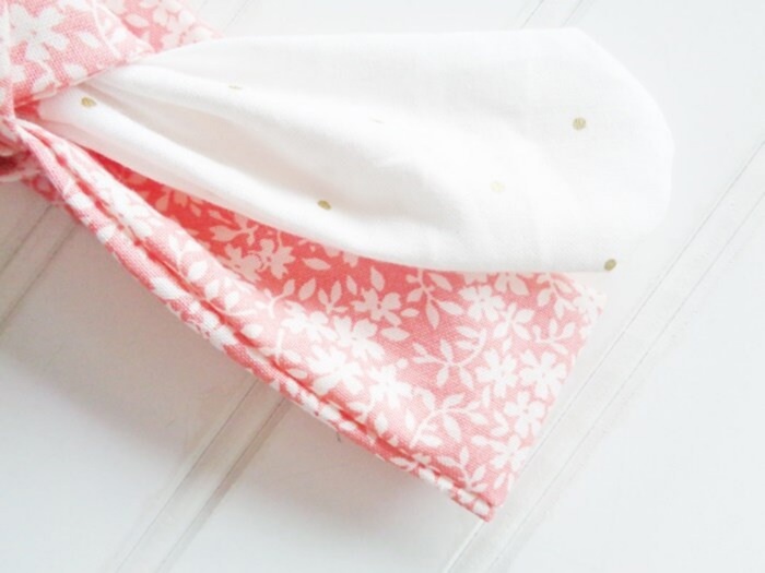 Sarah Knotted Headband - White Floral on Coral with Gold Dots