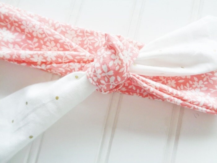 Sarah Knotted Headband - White Floral on Coral with Gold Dots