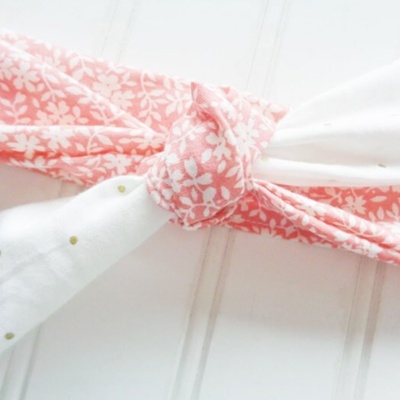 Sarah Knotted Headband - White Floral on Coral with Gold Dots