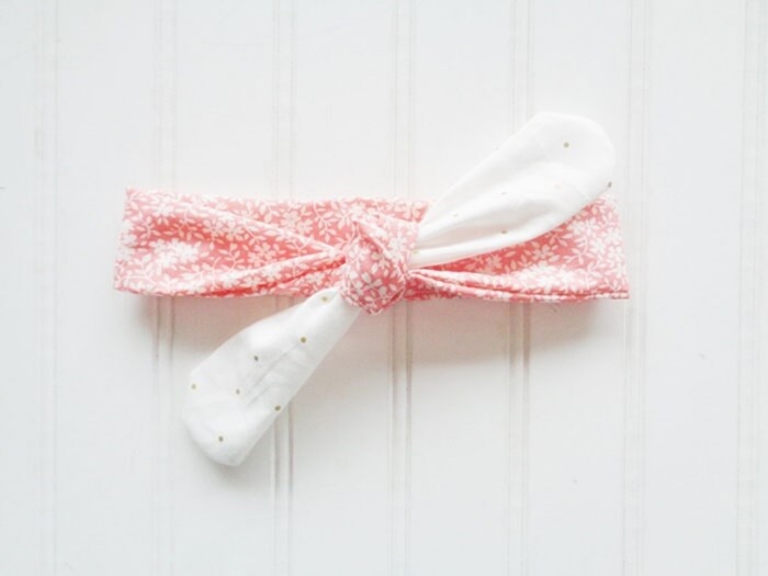 Sarah Knotted Headband - White Floral on Coral with Gold Dots
