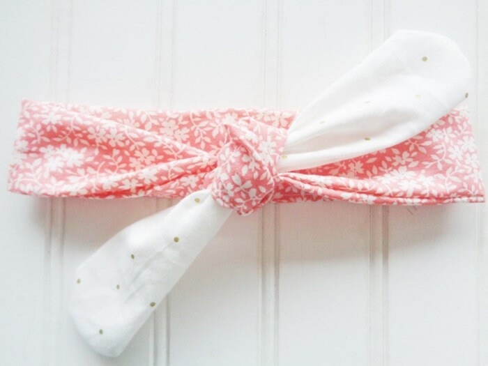 Sarah Knotted Headband - White Floral on Coral with Gold Dots