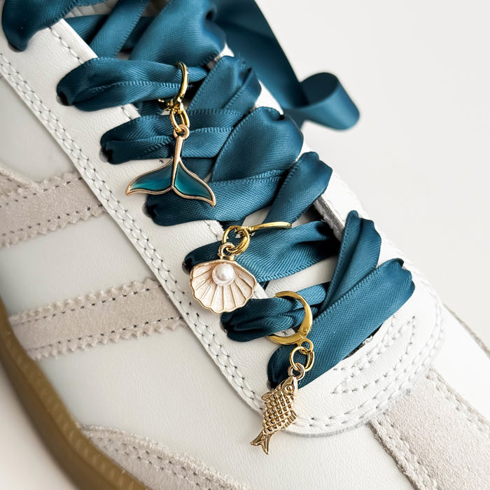 Mermaid Charm Sneaker Lace Set – Teal Satin Laces with Ocean-Inspired Charms