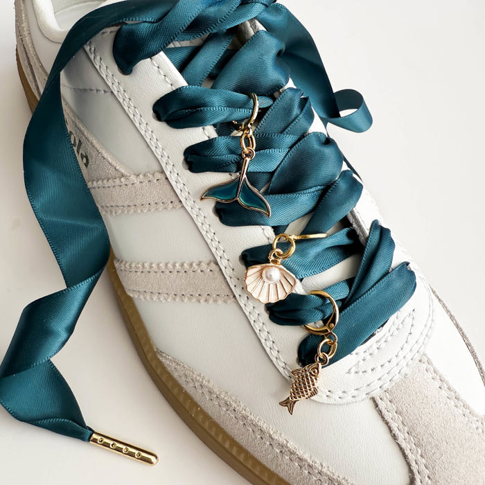Mermaid Charm Sneaker Lace Set – Teal Satin Laces with Ocean-Inspired Charms
