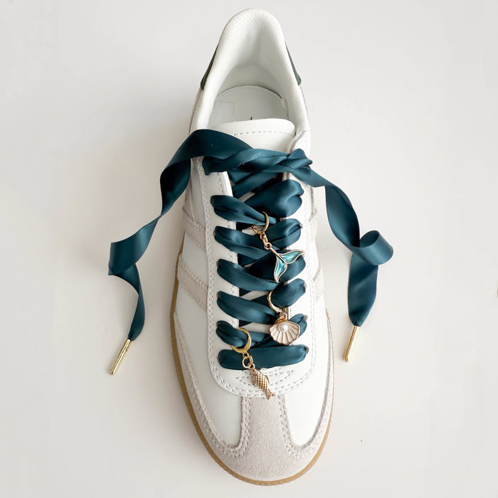 Mermaid Charm Sneaker Lace Set – Teal Satin Laces with Ocean-Inspired Charms