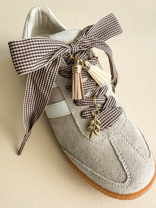 Gingham Bow Sneaker Lace Set with Tassel & Leaf Charms