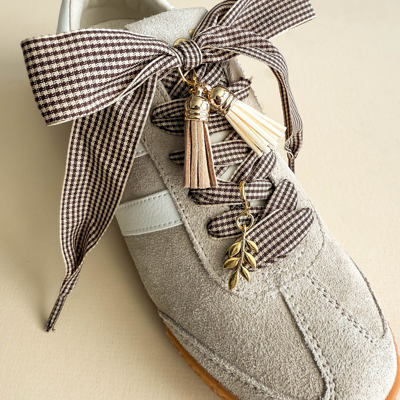 Gingham Bow Sneaker Lace Set with Tassel & Leaf Charms