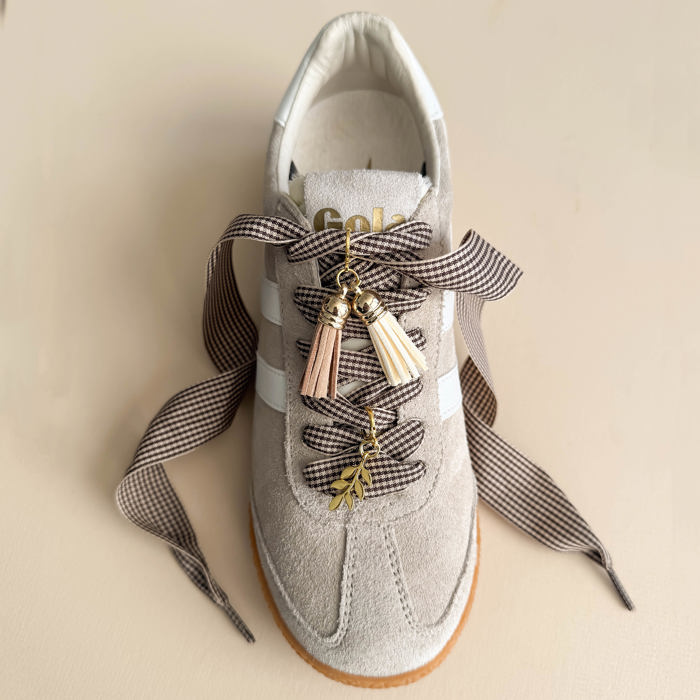 Gingham Bow Sneaker Lace Set with Tassel & Leaf Charms