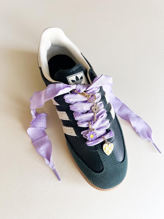 Lavender Shoe Laces with Flower, Key & Heart Charm Set