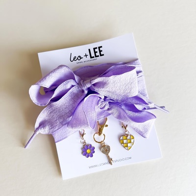 Lavender Shoe Laces with Flower, Key & Heart Charm Set