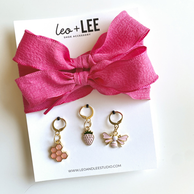 Hot Pink SHoe Laces with Honeycomb, Strawberry & Bee Charm Set
