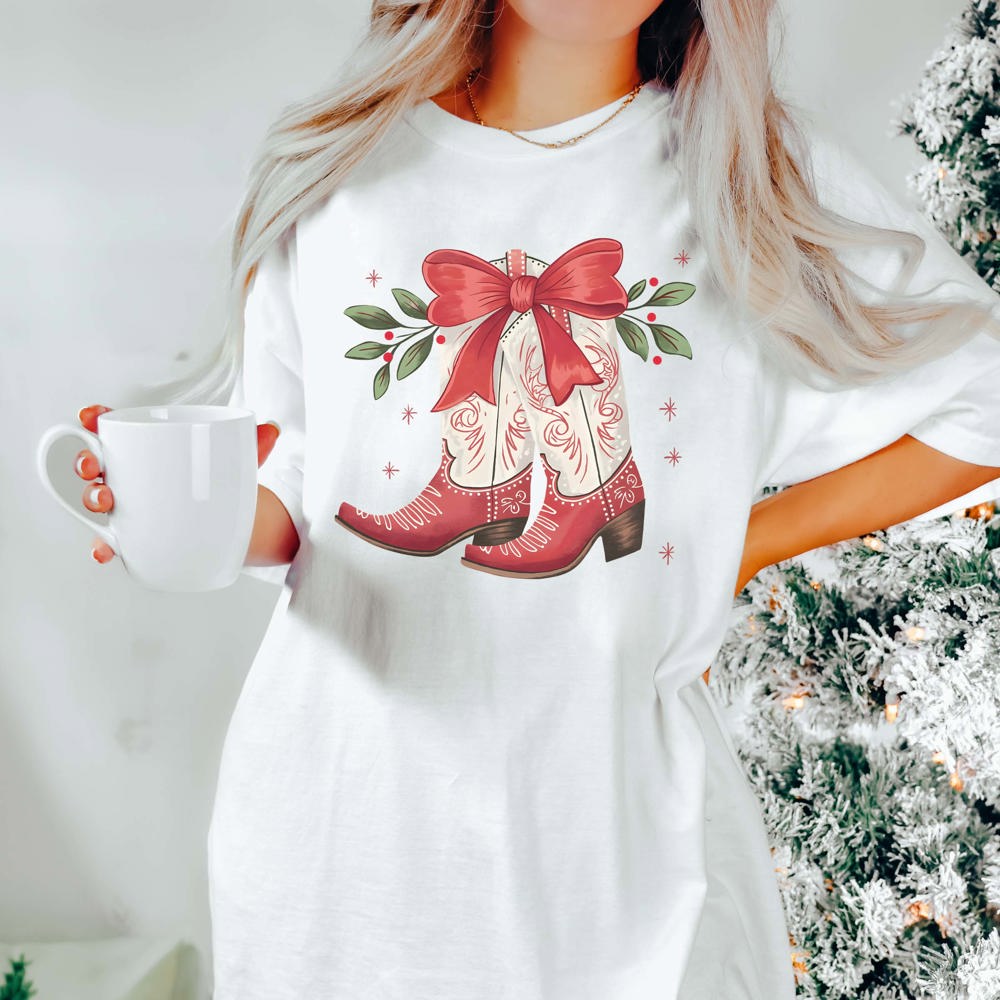 Christmas Boots With Bow Comfort Color Graphic Tee