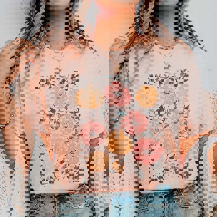Art Deco Fall Pumpkin & Floral Collage Comfort Color Graphic Tee