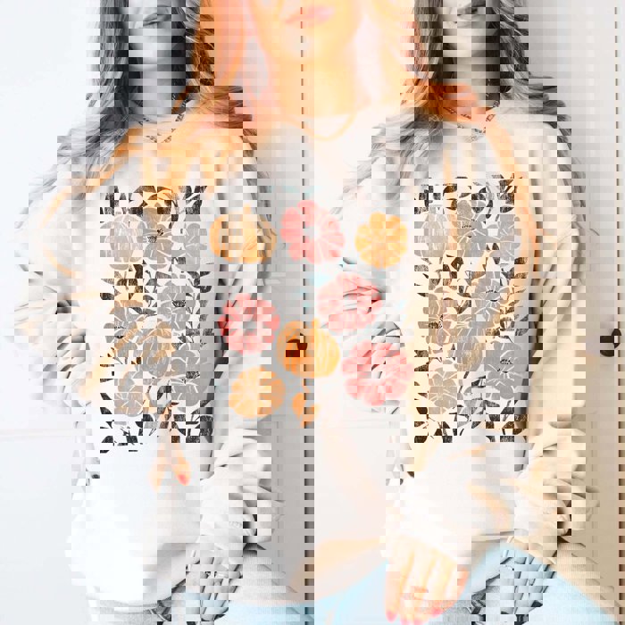 Art Deco Fall Pumpkin & Floral Collage Graphic Softstyle Sweatshirt