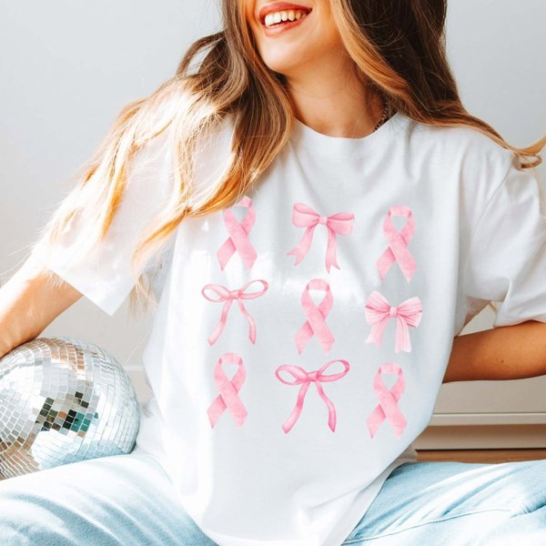 Breast Cancer Awareness Bow Ribbon Collage Bella Graphic Tee