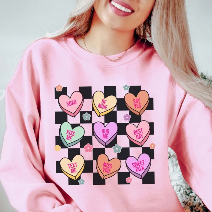 Candy Hearts Checkered Crew Sweatshirt