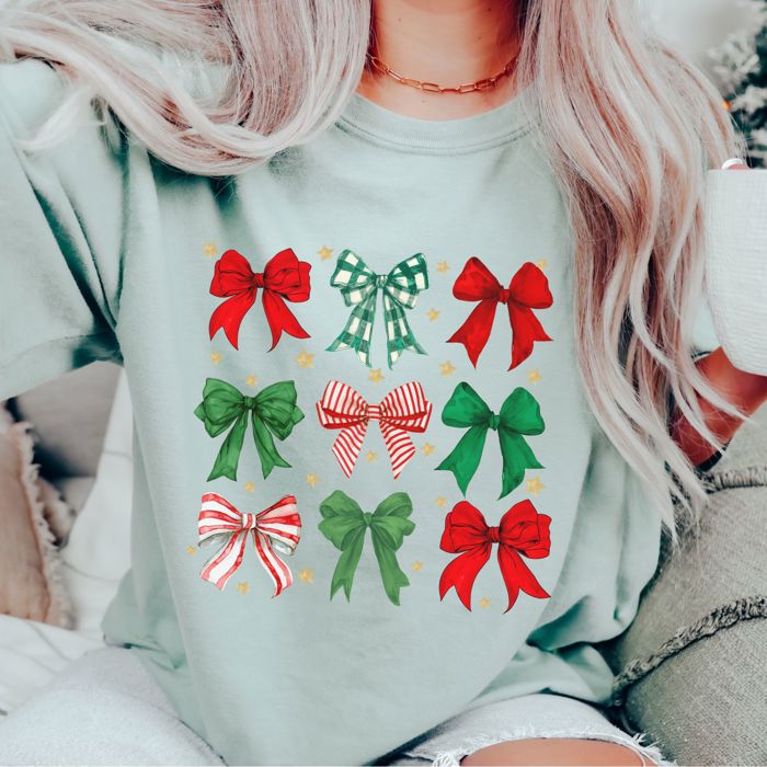 Christmas Bows Comfort Colors Graphic Tees – Festive Holiday Vintage Collection