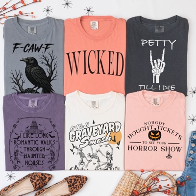 Wicked, Haunted House, Graveyard | Comfort Colors Funny Halloween Graphic Tees