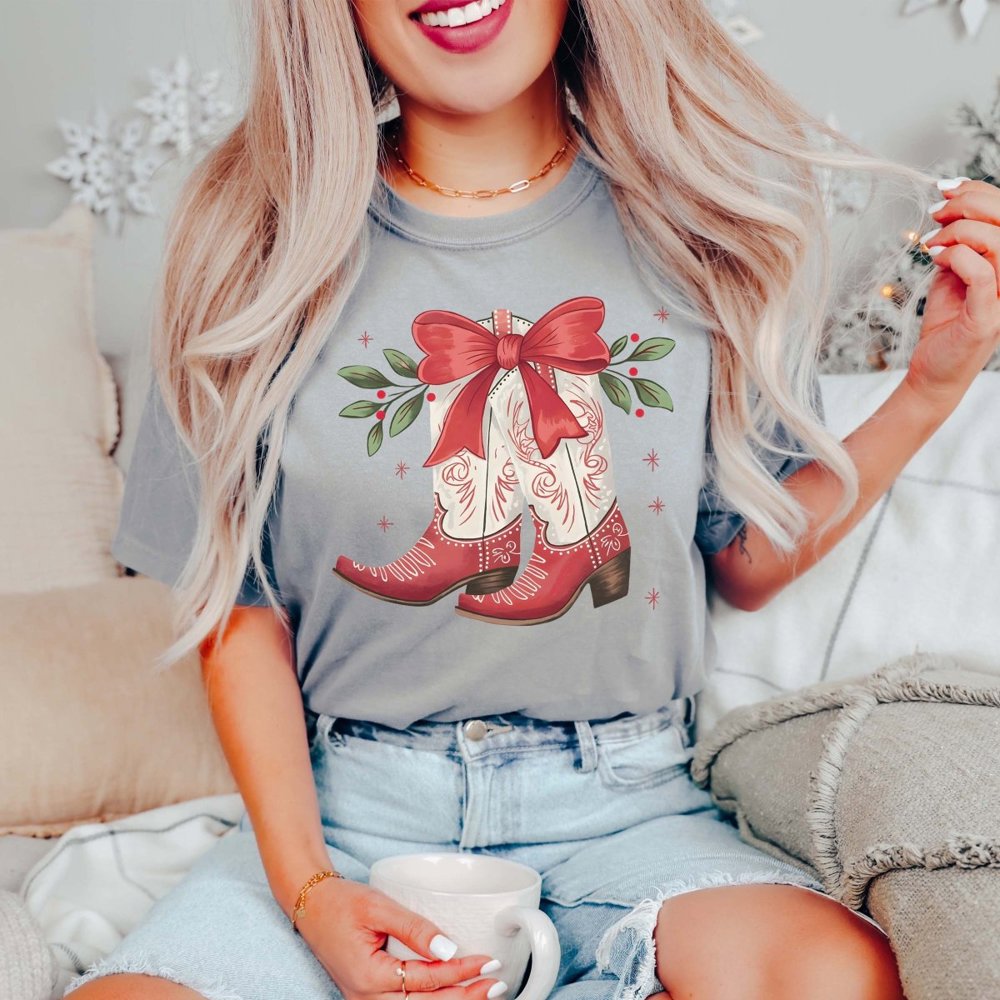 Christmas Boots With Bow Comfort Color Graphic Tee