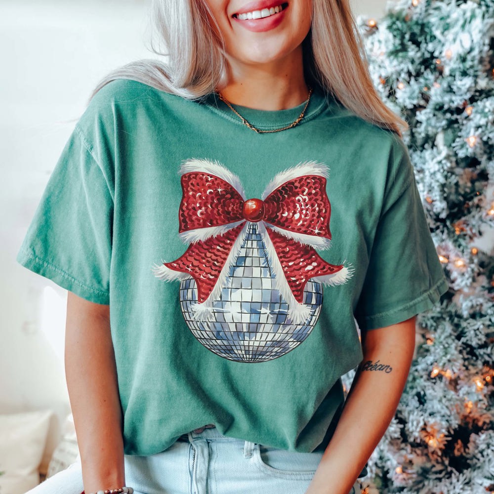 Disco Christmas Bow Comfort Color Graphic Tee