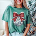 Large Light Green Disco Christmas Bow Comfort Color Graphic Tee