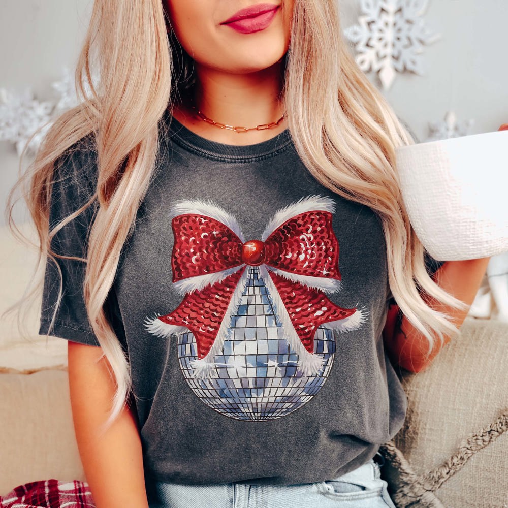 Disco Christmas Bow Comfort Color Graphic Tee