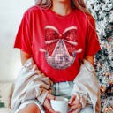 Large Red Disco Christmas Bow Comfort Color Graphic Tee