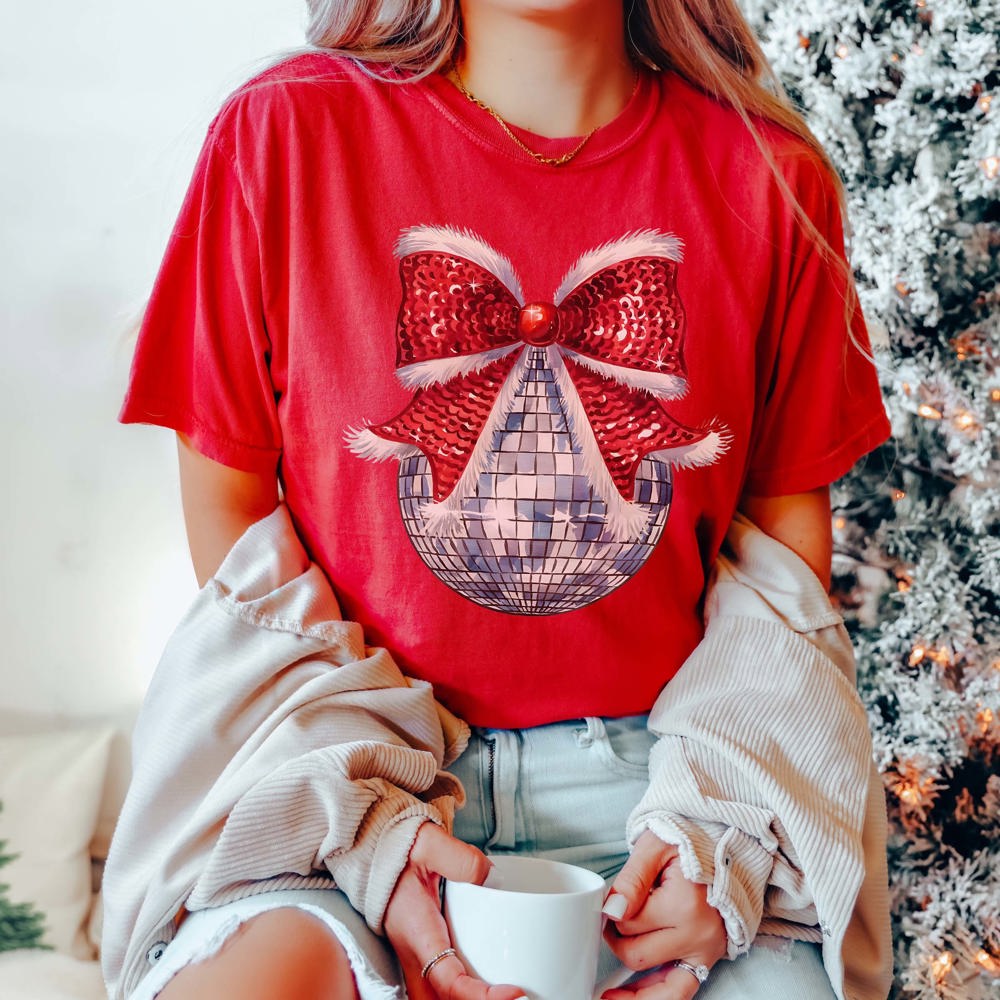 Disco Christmas Bow Comfort Color Graphic Tee