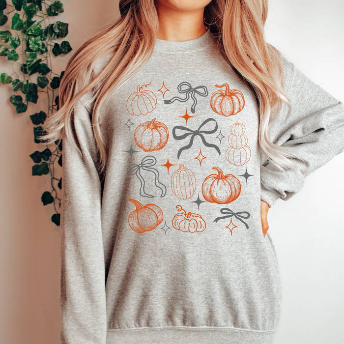 Fall Bow & Pumpkin Graphic Sweatshirts Cozy Autumn Pullovers